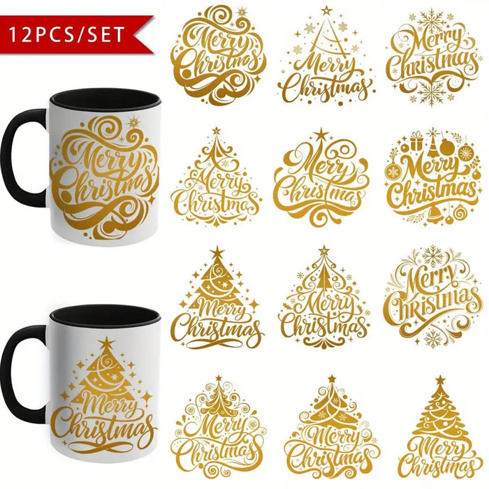 12 قطعة ملصق فينيل ذهبي عيد ميلاد سعيد لفن الراتنج