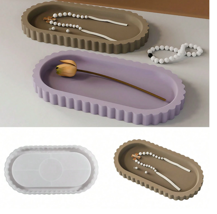 قالب سيليكون على شكل صينية بيضاوية بحواف دانتيل لفن الجيسمونيتي