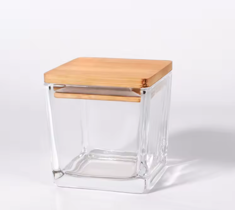 Cubic Glass Jar with Wooden Lid for Candle Making