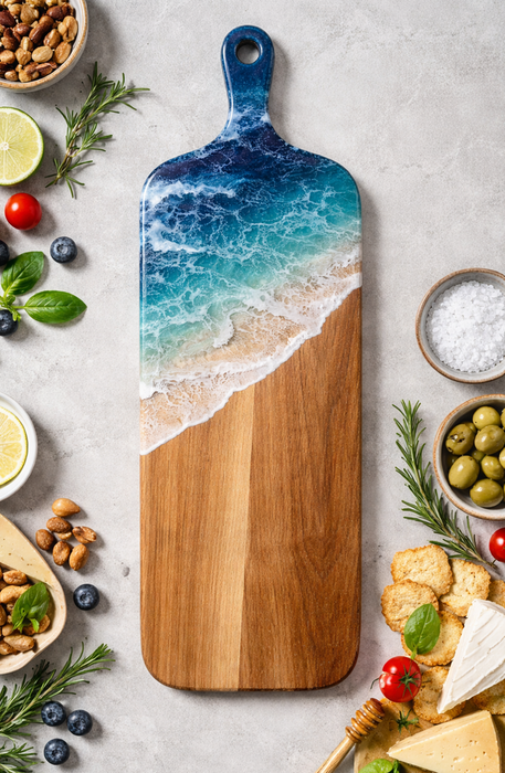 لوح جبن خشبي مستطيل مع مقابض لفن الراتنج