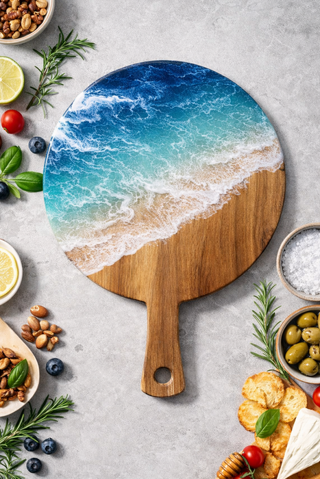 لوح جبن دائري مع مقبض لفن الراتنج