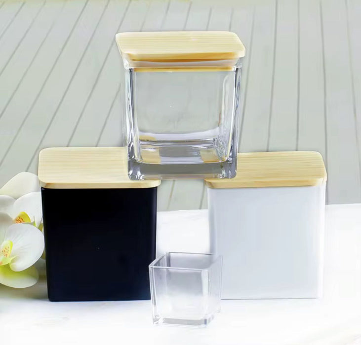 Cubic Glass Jar with Wooden Lid for Candle Making