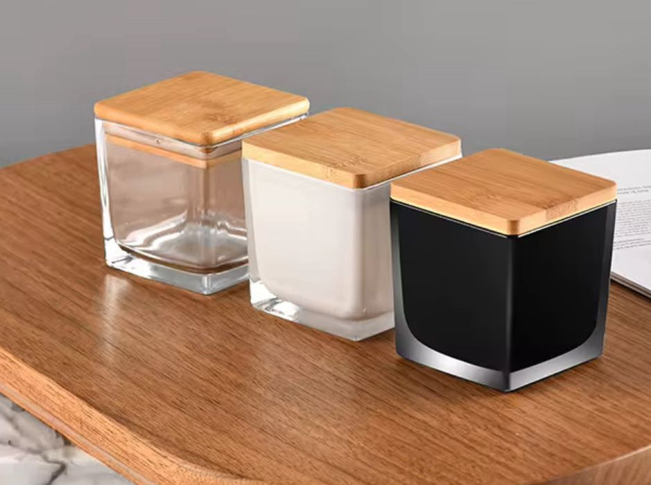 Cubic Glass Jar with Wooden Lid for Candle Making